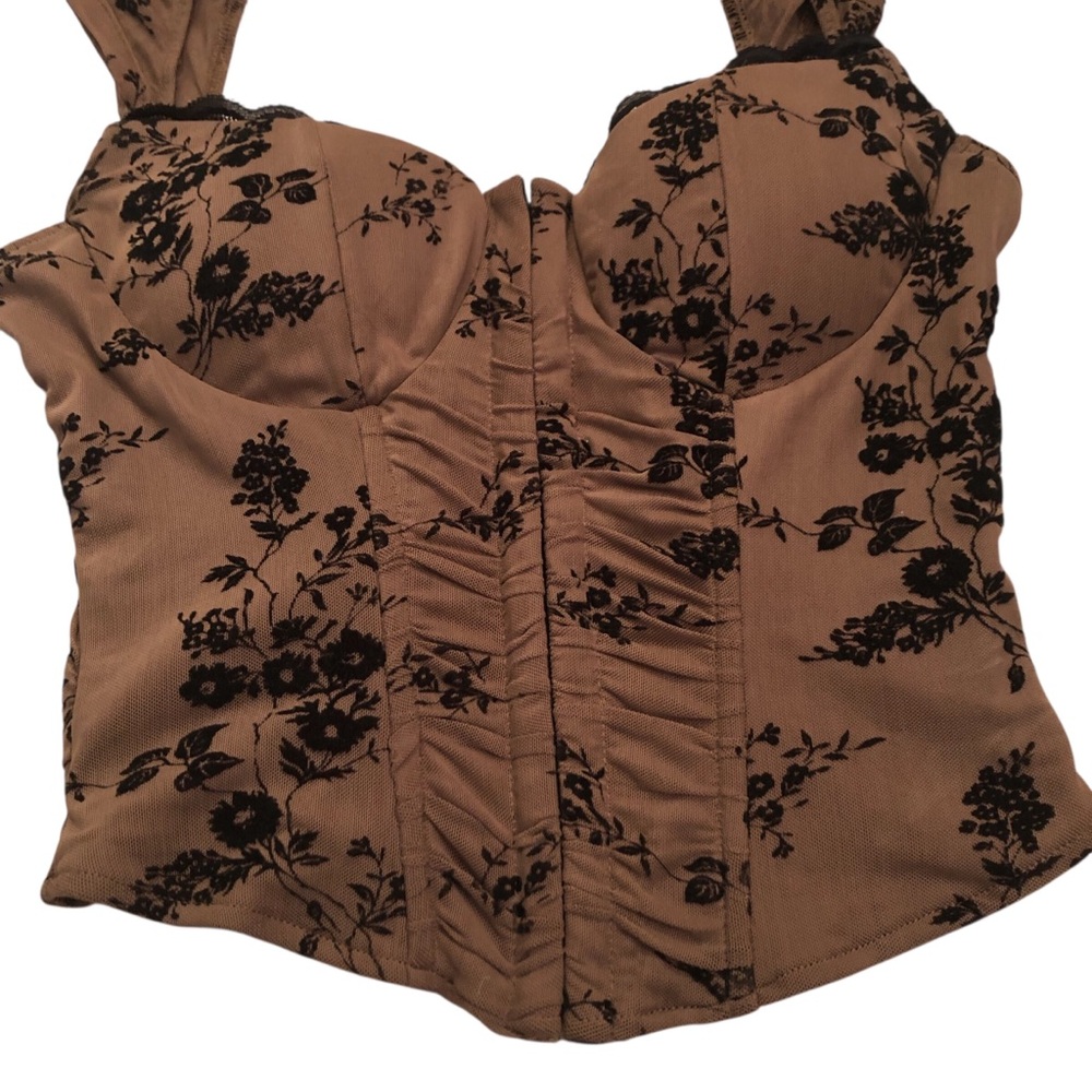 Y2K Chocolate Brown Corset Bustier Top with Black Floral Embroidery Size M - Picture 3 of 7